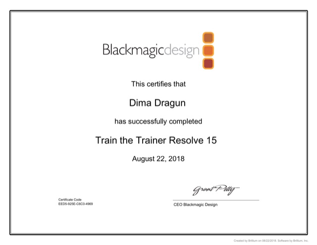 Сертификат Blackmagic Design: Train the Trainer Resolve 15