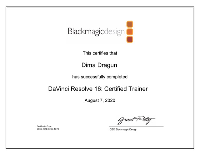 Сертификат Blackmagic Design: DaVinci Resolve 16: Certified Trainer