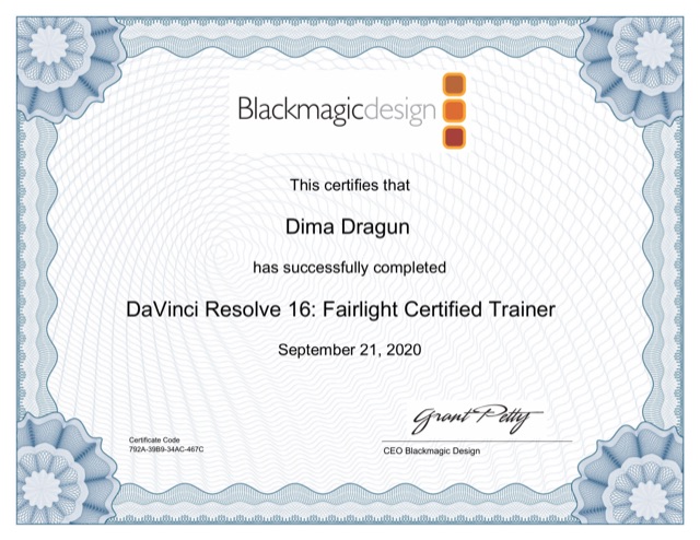 Сертификат Blackmagic Design: DaVinci Resolve 16: Fairlight Certified Trainer