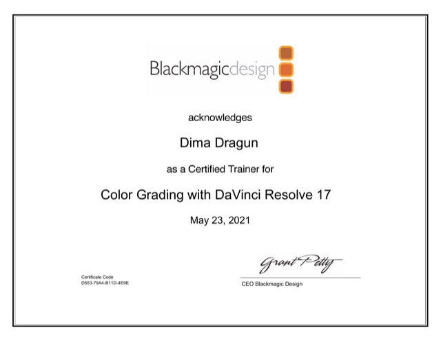 Сертификат Blackmagic Design: Color Grading with DaVinci Resolve 17