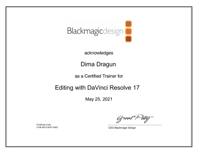 Сертификат Blackmagic Design: Editing with DaVinci Resolve 17