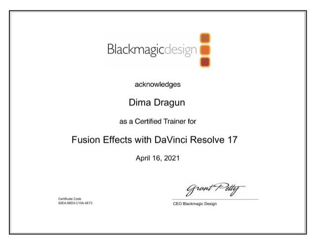 Сертификат Blackmagic Design: Fusion Effects with DaVinci Resolve 17