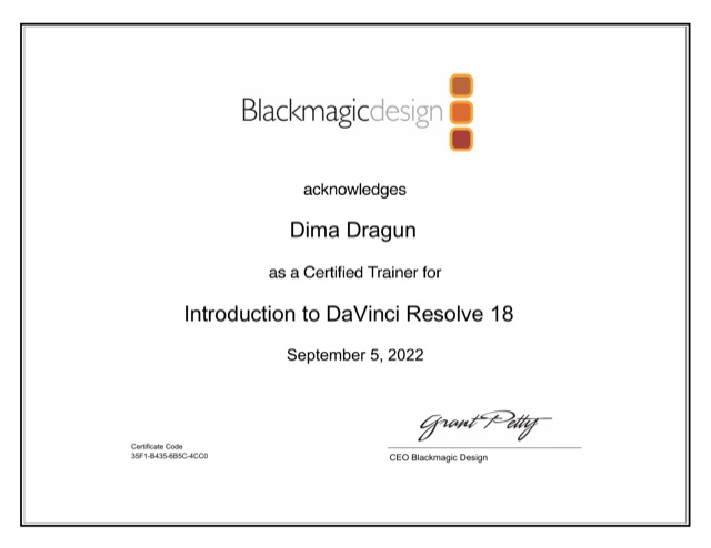 Сертификат Blackmagic Design: Introduction to DaVinci Resolve 18
