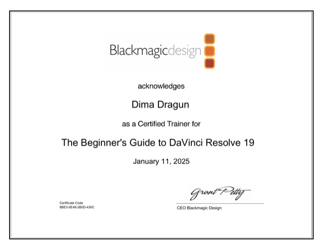 Сертификат Blackmagic Design: The Beginner’s Guide to DaVinci Resolve 19